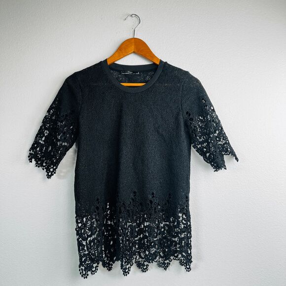 Zara Tops - Zara Blouse Half Sleeves Crochet Overlay Crew Neck Unlined Pullover Black Blouse